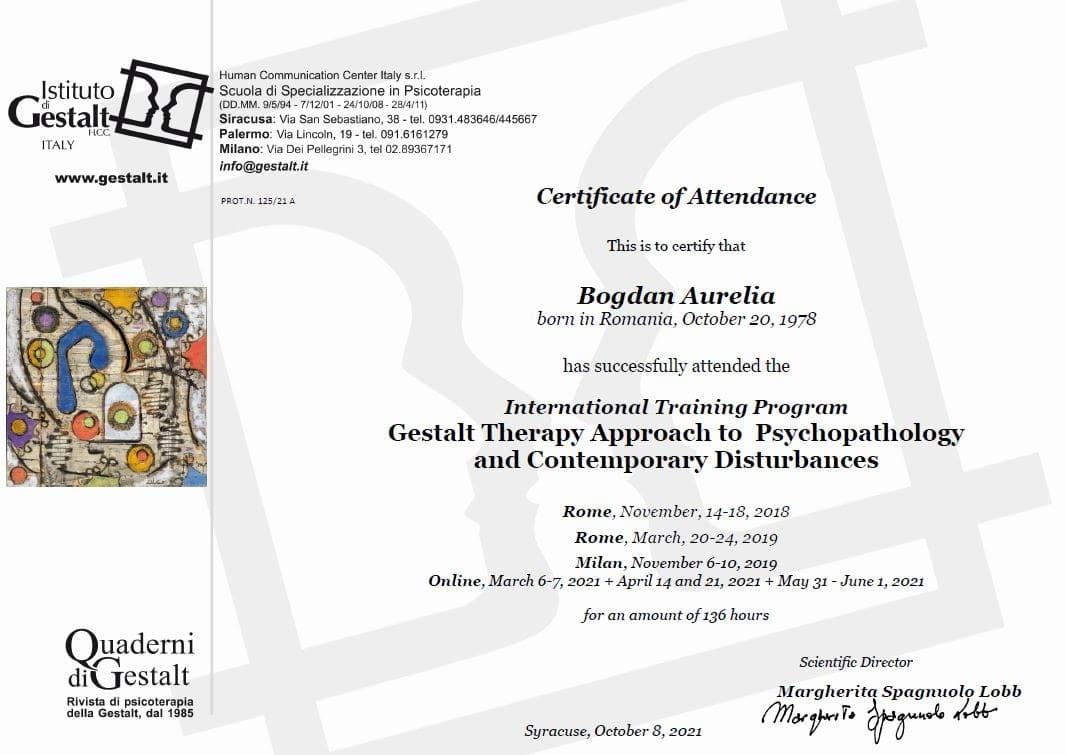 Certificat Aurelia Bogdan - Istituto di Gestalt HCC Italy, programul internațional „Gestalt Therapy Approach to Psychopathology and Contemporary Disturbances”