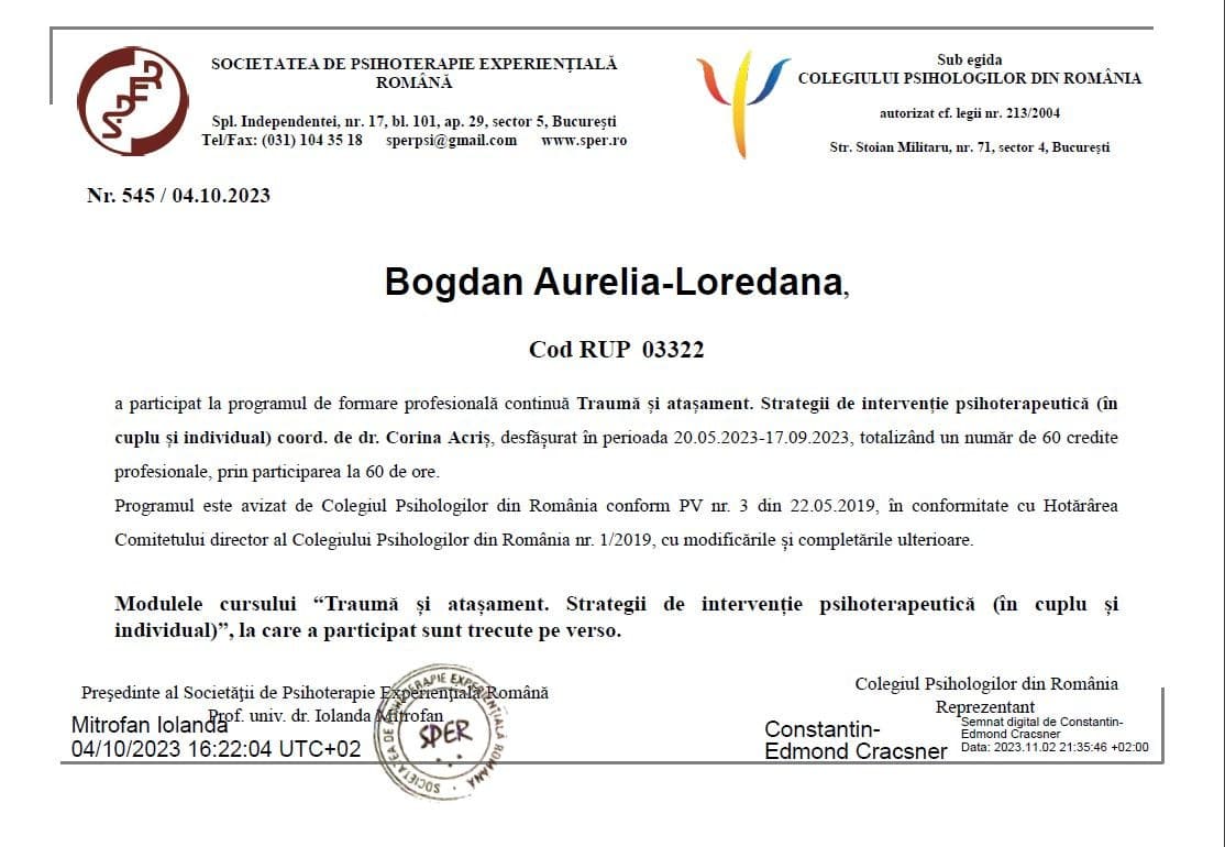 Certificat Aurelia Bogdan - programul „Trauma și atașament. Strategii de intervenție psihoterapeutică”, SPER, 2023, avizat de Colegiul Psihologilor din România